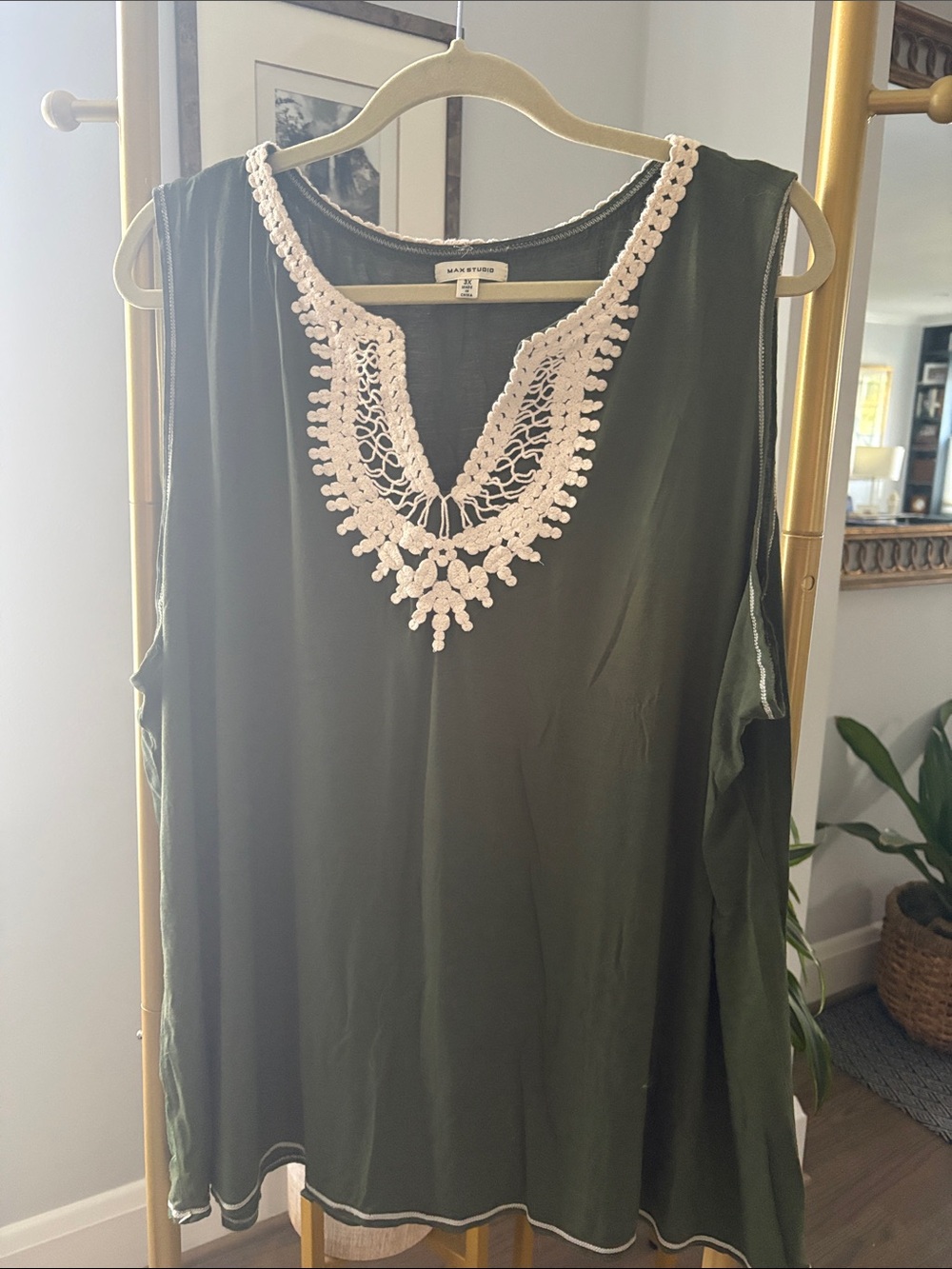 Max Studio Olive Green Tank with Cream Crochet V-Neck